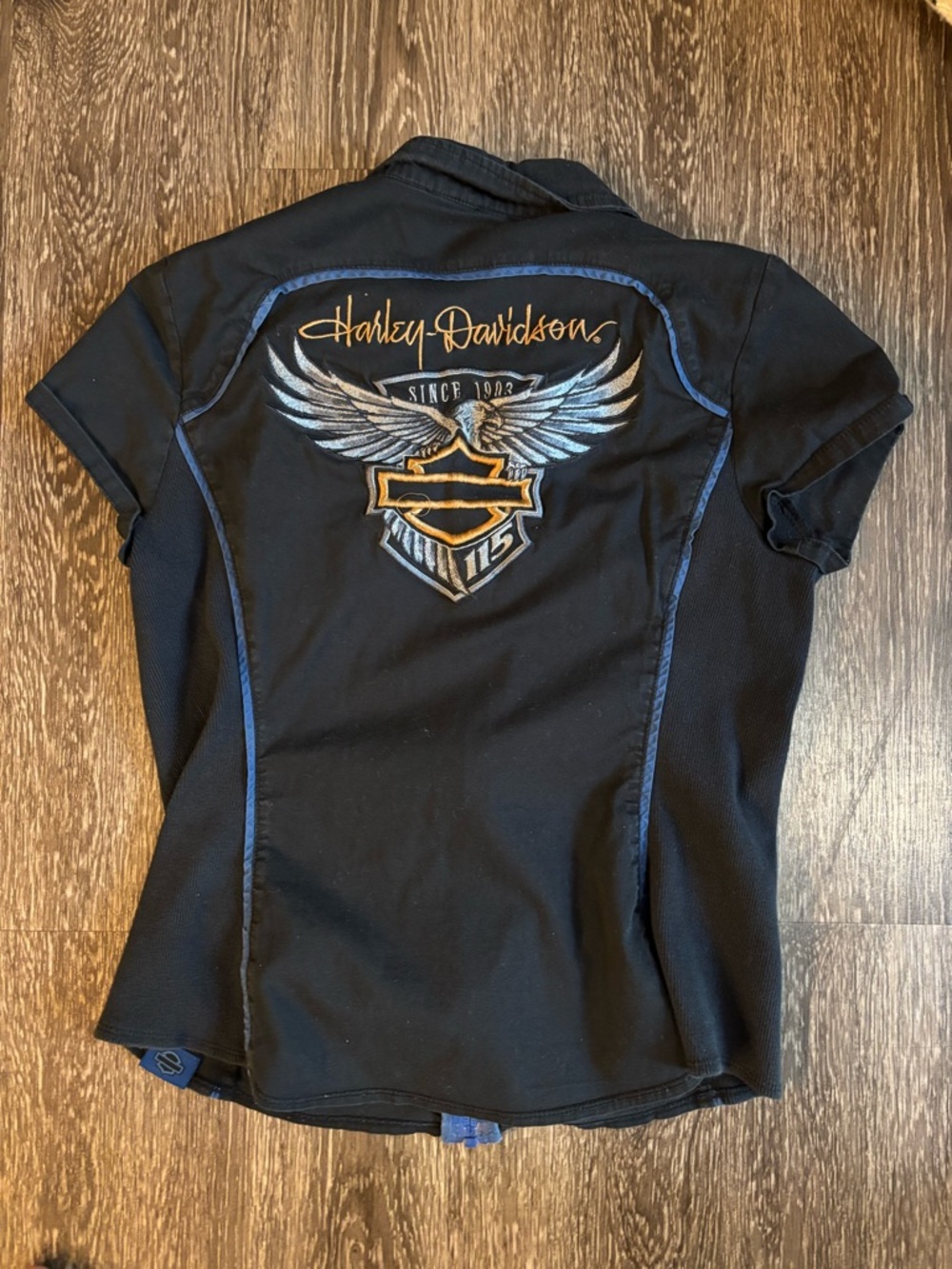 Harley-Davidson Black Jacket with Blue Trim and Gold Embroidery